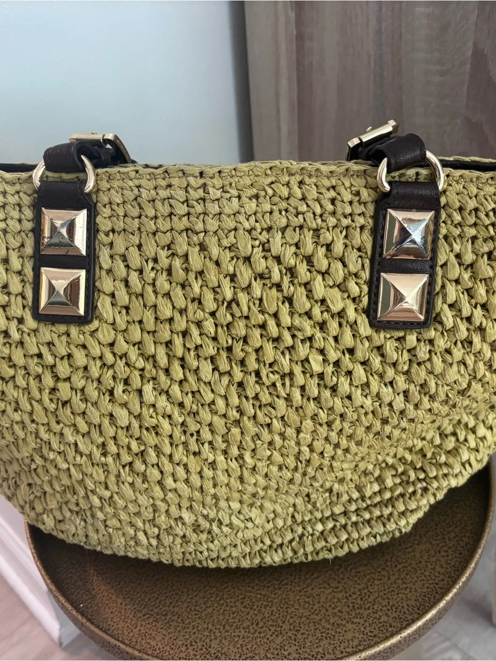 Michael Kors Olive Woven Shoulder Tote with Dark Brown Leather Handles